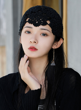 薄款镂空手工钩花帽子女春秋编织针织帽女士夏季包头蕾丝网帽毛线