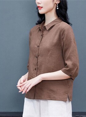 2024春夏新款纯色五分袖文艺百搭简约翻领显瘦洋气衬衣女轻松舒适