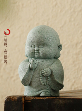 新中式禅意诵经小和尚青s砂石装饰摆件创意小沙弥茶宠桌面鱼缸造