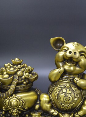 黄铜发财猪摆件铜生肖r猪猪聚宝盆家居客厅办公室摆设铜器工艺品
