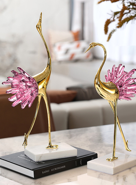 轻奢丹顶鹤铜摆件仙鹤o水晶工艺品客厅玄关电视酒柜装饰品乔迁送