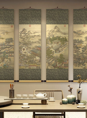 丁观鹏十二月月令图丝绸卷轴挂y画中式书房茶室装饰画玄关过道壁