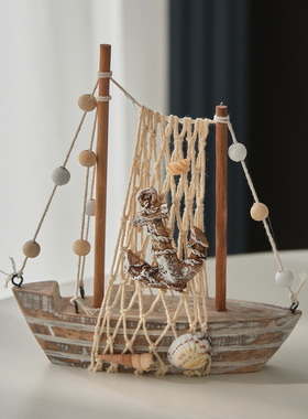 美式复古帆船地中海渔船家居饰品仿古渔船船模创意家居摆件小木船