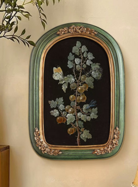 中古复古法式花卉拱形框挂画