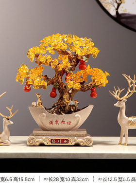 新中式发财树酒柜电视柜摆件轻奢高档店铺前台装饰V品乔迁开业礼