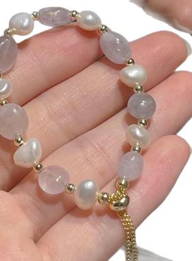 新款天然淡水珍珠水晶手链女夏抽拉式调节简约百搭高级感小众手饰