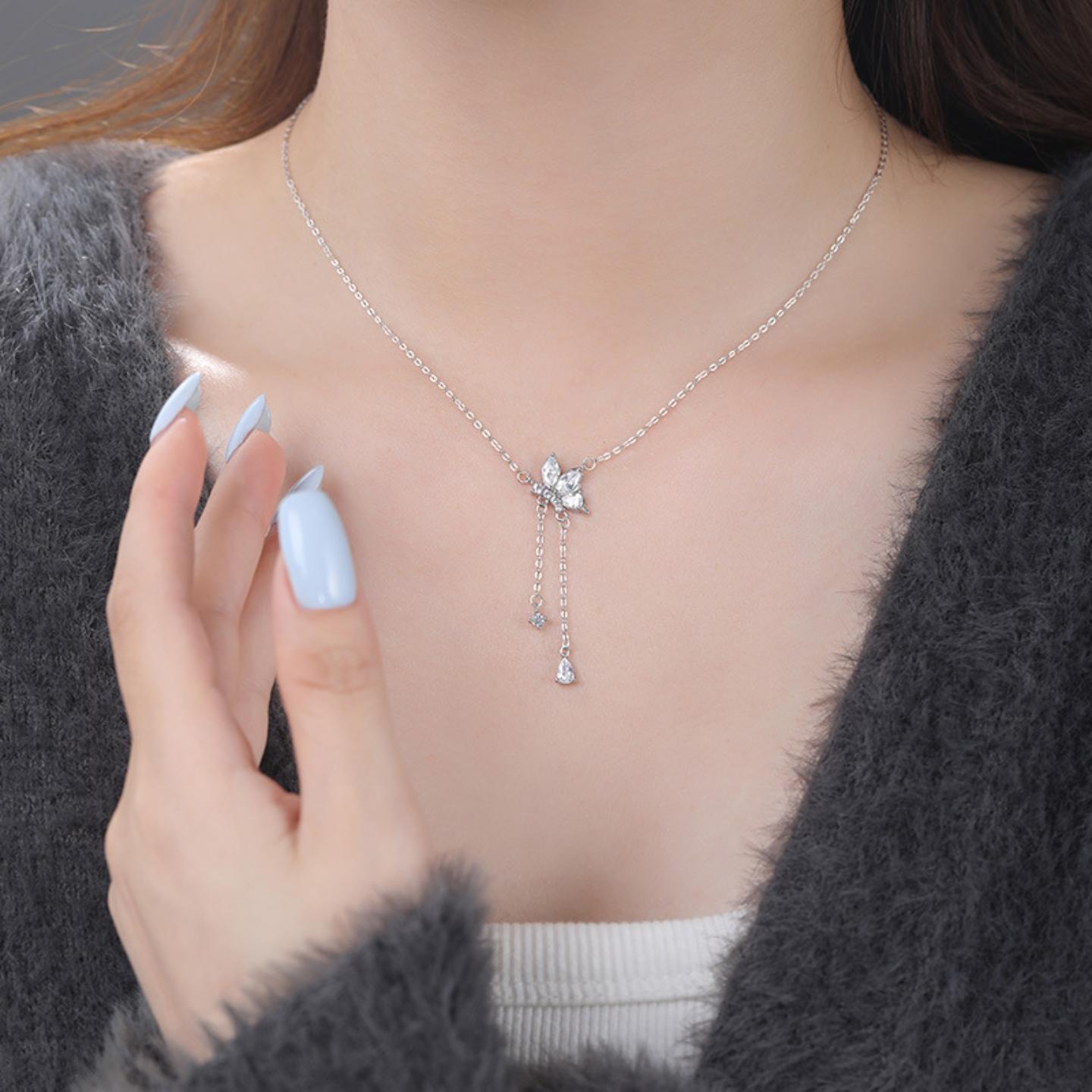 原创阿宝S999足银溯光之蝶流苏蝴蝶项链甜美森系温柔锁骨链女式 - 图1