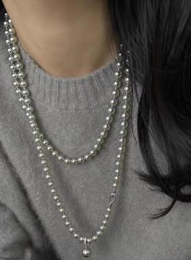 银灰珍珠双层叠戴毛衣链