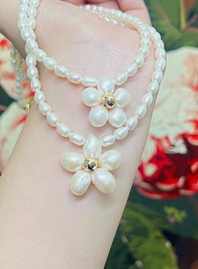 天然淡水巴洛克珍珠项链女简约轻奢高级感花朵吊坠锁骨链春夏新款