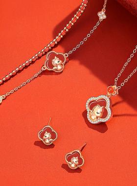 原创马年红玛瑙四叶草锁骨链