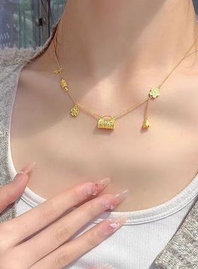 沙金四叶草流苏锁包项链