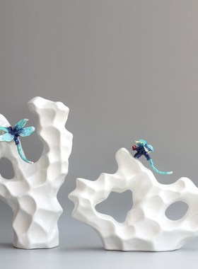 新中式创意陶瓷太湖石装饰摆w件样板间售楼处玄关茶室软装装饰摆