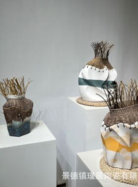 纯手工异形陶瓷艺术插花摆件  陶瓷编制结合重工花器 软装、民宿