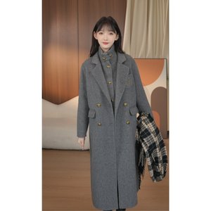 HSTYLE/韩都衣舍 气质秋冬宽松羊毛外套大衣长袖翻领双排扣8524