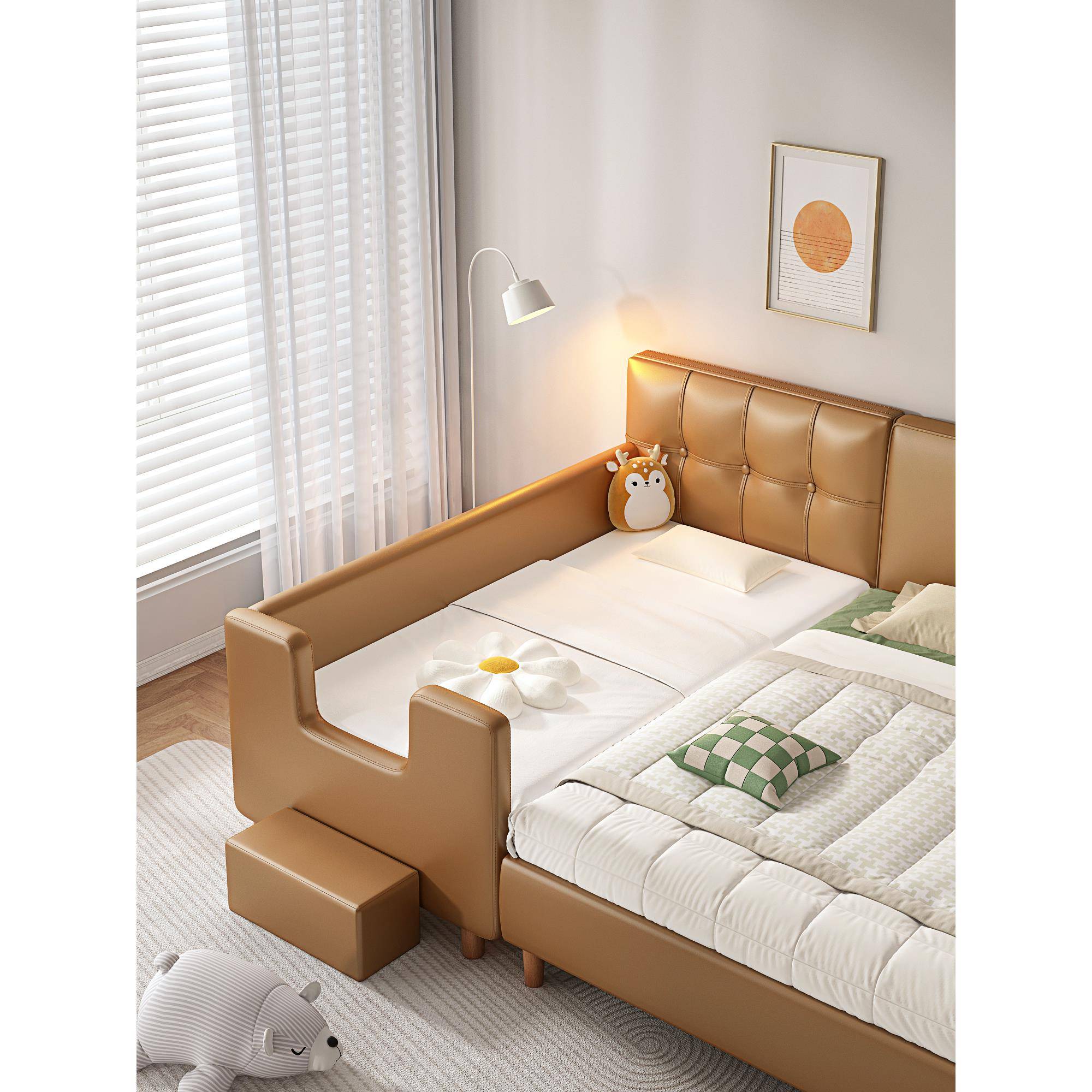 ft奶油风儿床带护小床栏婴童儿男孩女孩主床宝宝F77S6J7M边床加公 - 图3