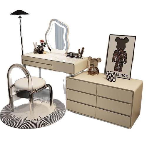 02木7465奶2油风岩板实梳妆台床头柜体网红伸缩化妆台卧室现代一 - 图3