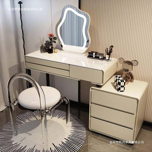 02木7465奶2油风岩板实梳妆台床头柜体网红伸缩化妆台卧室现代一 - 图0