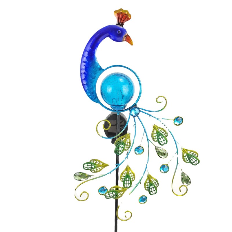 太阳能孔雀灯铁艺镂空羽毛孔雀太阳能户外庭院裂纹球灯草坪灯 - 图3