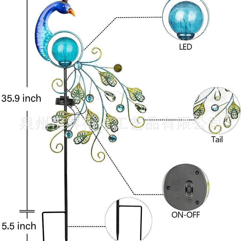 太阳能孔雀灯铁艺镂空羽毛孔雀太阳能户外庭院裂纹球灯草坪灯 - 图2