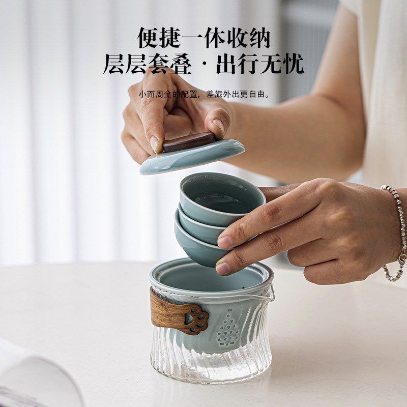 猫爪高硼硅玻璃旅行茶具套装便携式一壶三杯功夫陶瓷泡茶壶快客杯,淘宝优惠券,粉丝福利购,淘宝优惠卷