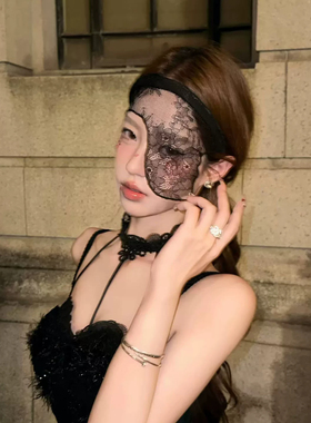 万圣节黑色蕾丝面纱面罩发箍