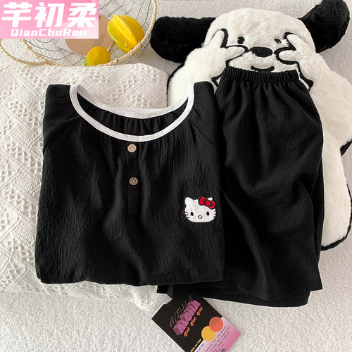 云朵棉睡衣女生夏季圆领可爱短袖短裤套装日系卡通纽扣夏天家居服 - 图1