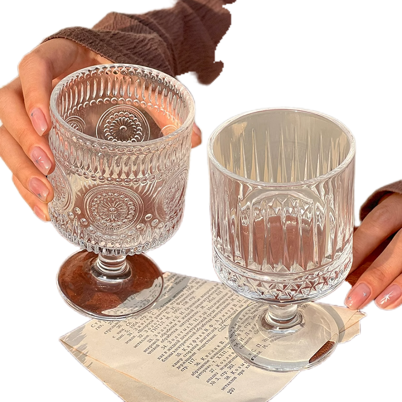 【4只】复古太阳花高脚杯浮雕玻璃杯ins高颜值酒杯饮料果汁杯水杯,淘宝优惠券,粉丝福利购,淘宝优惠卷