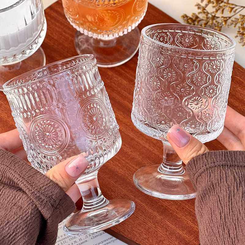 【4只】复古太阳花高脚杯浮雕玻璃杯ins高颜值酒杯饮料果汁杯水杯,淘宝优惠券,粉丝福利购,淘宝优惠卷