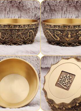 聚意D-07029宝盆财摆件客厅前台装饰物创浮雕复聚古双盆龙大铜碗