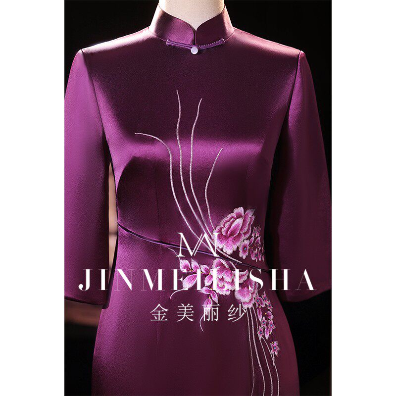 婚宴妈妈旗袍礼服醋酸缎紫色长袖高级质感参加婚礼喜婆婆丈母娘秋 - 图0