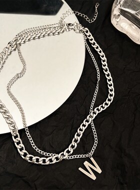 银色字母项链女双层叠戴冷淡风卫衣毛衣颈链小众设计感装饰锁骨链