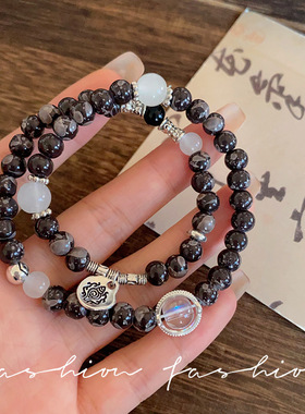 双层叠戴巨好看的手链新中式复古黑色高级感女款2025新款串珠手串