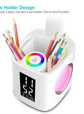 LED笔筒台灯充电插电两用万年历闹钟小夜灯全光谱可调光护眼