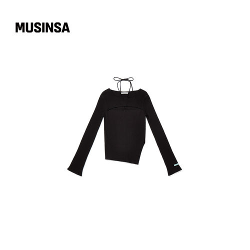 INSTANTFUNK韩国女士25秋镂空绑带侧开叉斜摆修身针织衫MUSINSA - 图2