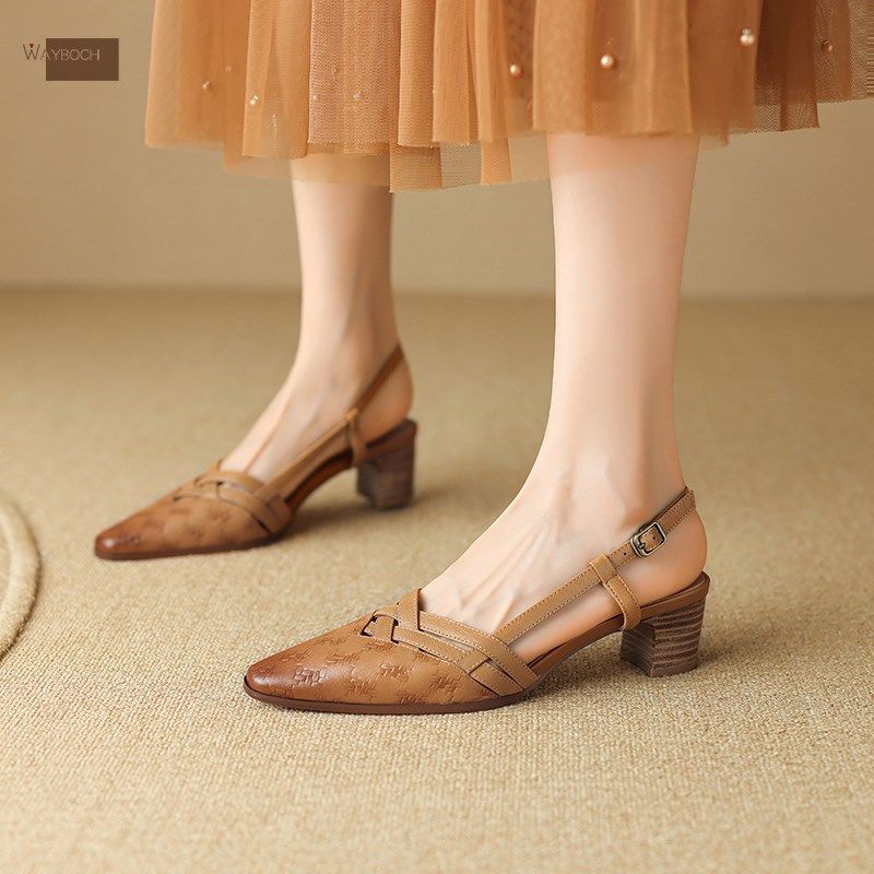 软羊皮真皮小尖头包头凉鞋粗跟中跟时装凉鞋夏季女士小猫跟复古风,淘宝优惠券,粉丝福利购,淘宝优惠卷