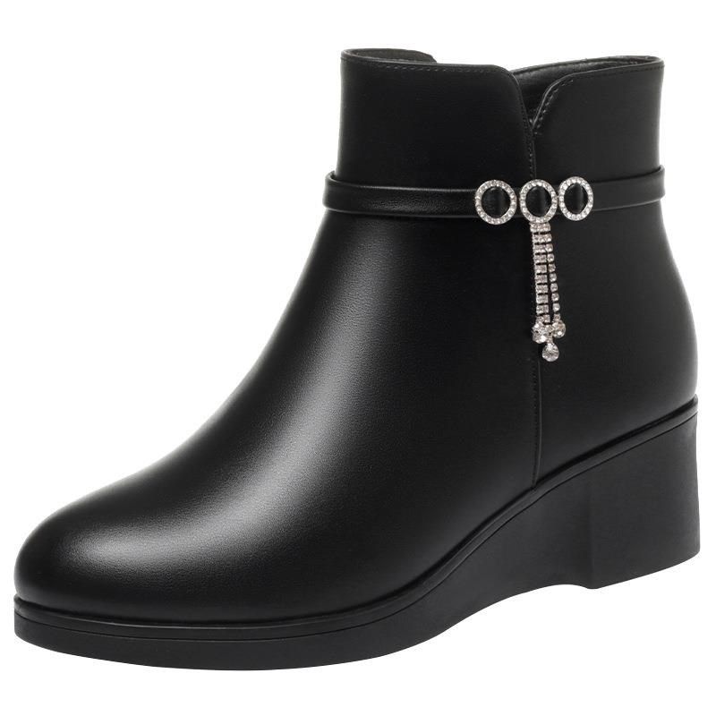 红青蜓坡跟短靴女秋冬季新款冬鞋软皮短筒靴子加绒皮鞋中老年妈妈,淘宝优惠券,粉丝福利购,淘宝优惠卷