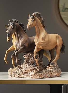 新中式办公桌马高端大气上档次马摆件酒J柜办公室玄关酒店装饰品