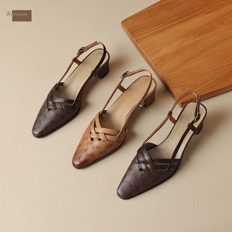 软羊皮真皮小尖头包头凉鞋粗跟中跟时装凉鞋夏季女士小猫跟复古风,淘宝优惠券,粉丝福利购,淘宝优惠卷