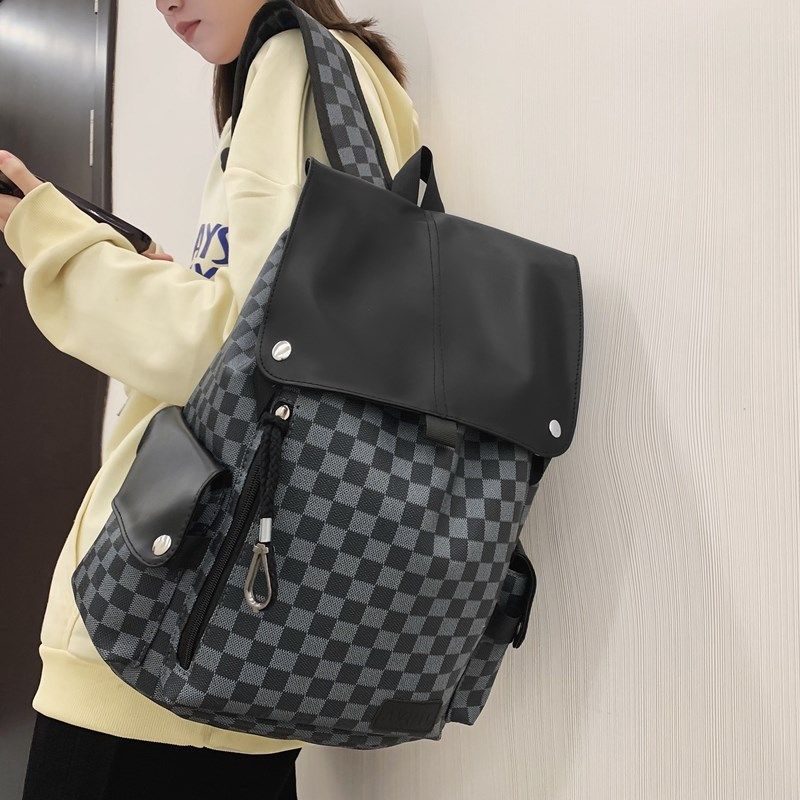 皮质质感双肩包男士通勤电脑背包港风高级感大学生防水格纹书包女,淘宝优惠券,粉丝福利购,淘宝优惠卷