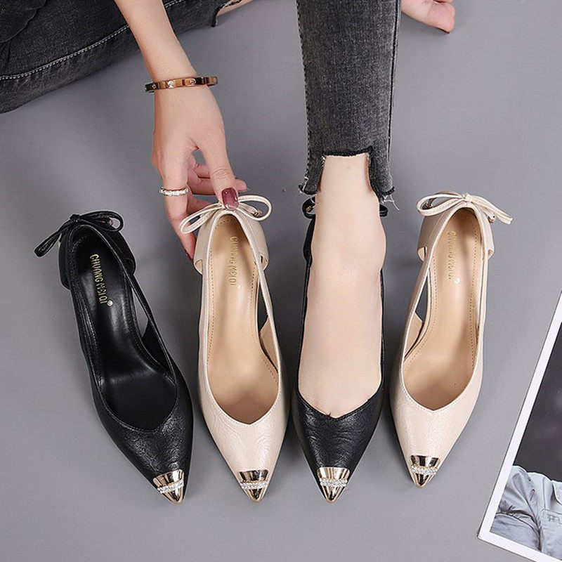 红綪綎高跟鞋女夏真皮包头2023年新款凉鞋女尖头细跟铁头水钻单鞋,淘宝优惠券,粉丝福利购,淘宝优惠卷