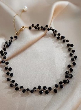 冷淡风黑色水晶项链女可抽拉日韩简约气质颈链网红高级感锁骨链