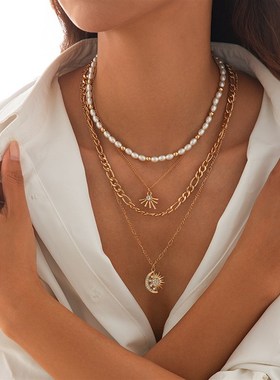 4件套镶钻太阳仿珍珠金属链项链套装 夏季个性小众时尚叠戴颈链潮