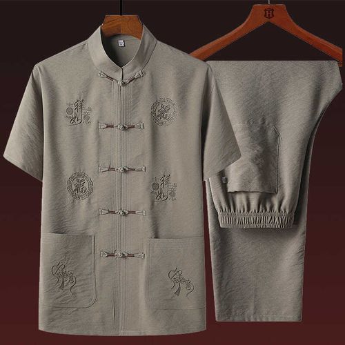 中老年唐装男棉麻套装夏季爸爸中国风男装汉服短袖爷爷老年人衣服 - 图3