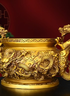 纯铜立体双龙香炉摆件黄铜家用熏炉室内上香香炉圆形炉工艺品