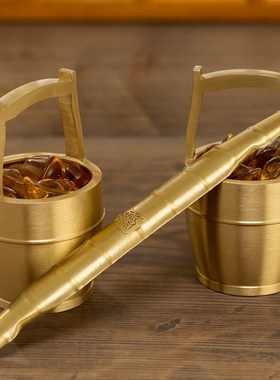 纯铜一桶金摆件进宝水桶小铜缸聚宝盆全铜黄铜金扁担家居创意客厅