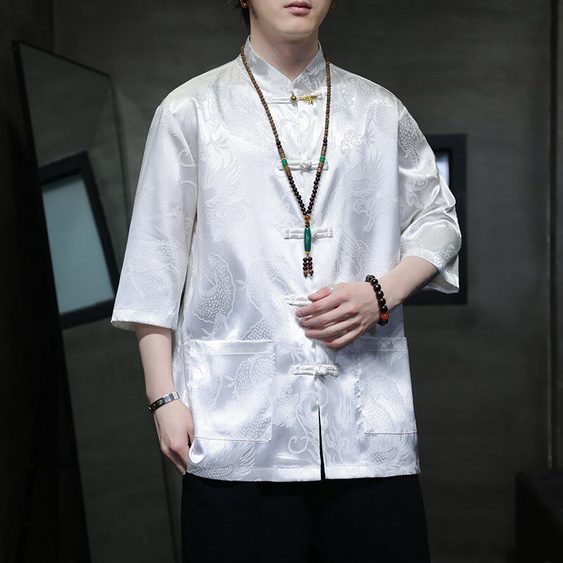 冰丝唐装男中国风夏季龙纹印花短袖衬衫新中式宽松大码五分袖衬衣,淘宝优惠券,粉丝福利购,淘宝优惠卷