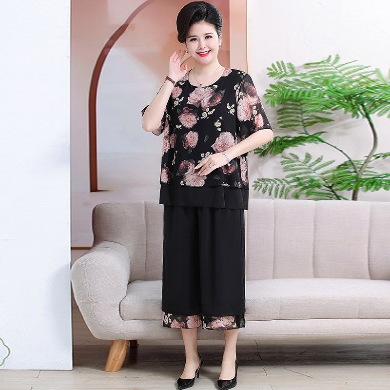 胖妈妈夏装特大码上衣洋气中老年女遮肚短袖雪纺T恤加肥加大套装,淘宝优惠券,粉丝福利购,淘宝优惠卷