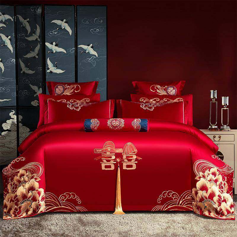 新中式婚庆全棉大红色喜被结婚四件套纯棉婚嫁刺绣款陪嫁床上用品,淘宝优惠券,粉丝福利购,淘宝优惠卷