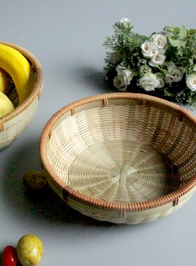 竹制品特色藤口包边水果篮子竹编平底藤口三件套 零碎创意收纳篮