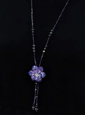 时尚百搭爆款紫色水晶项链炫彩花朵毛衣链女长款优雅气质衣服配饰